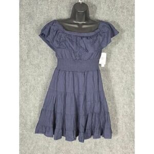 Xtraordinary Navy Blue Off Shoulder Smocked Mini Dress Womens Medium Tiered Cute